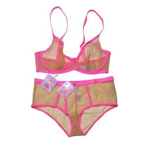 Savage X Fenty Neon Night Unlined Demi Bra Pout Pink and Boyshort Panty Set 36C